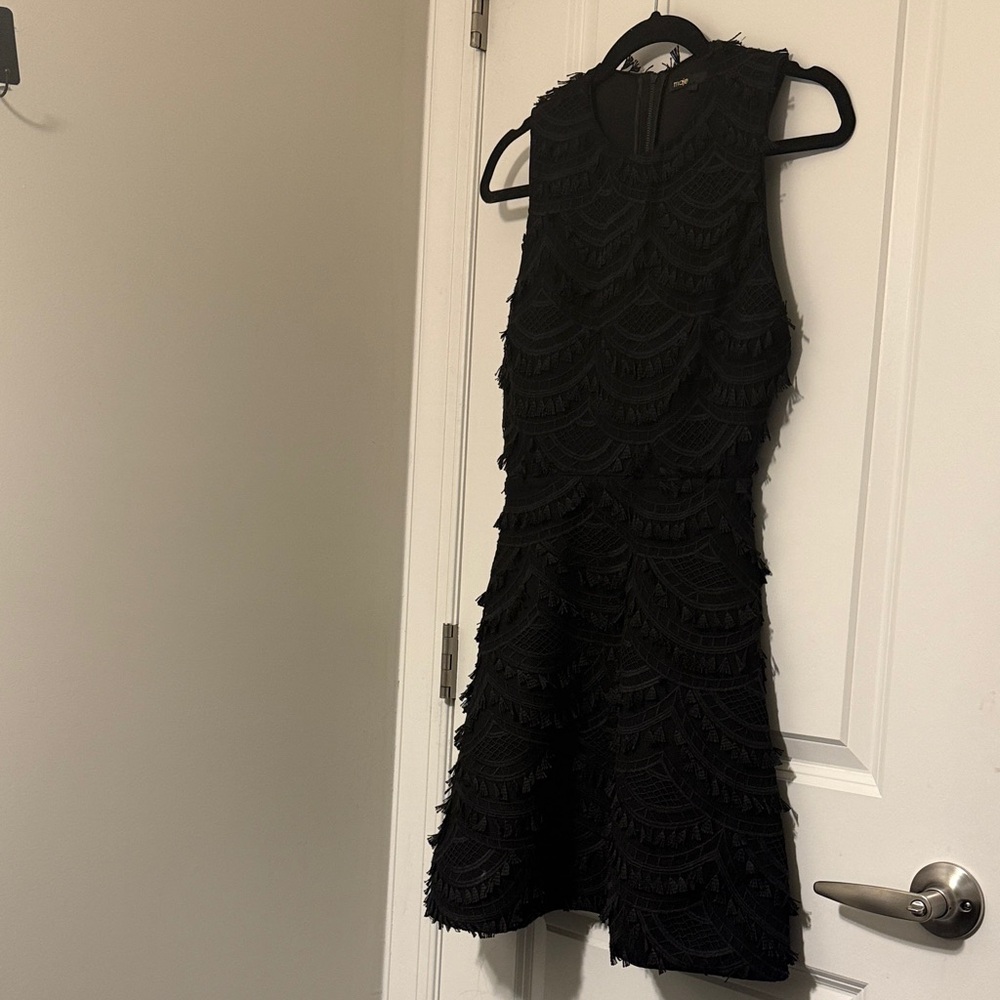 Maje Black Scalloped Fringe Mini Dress